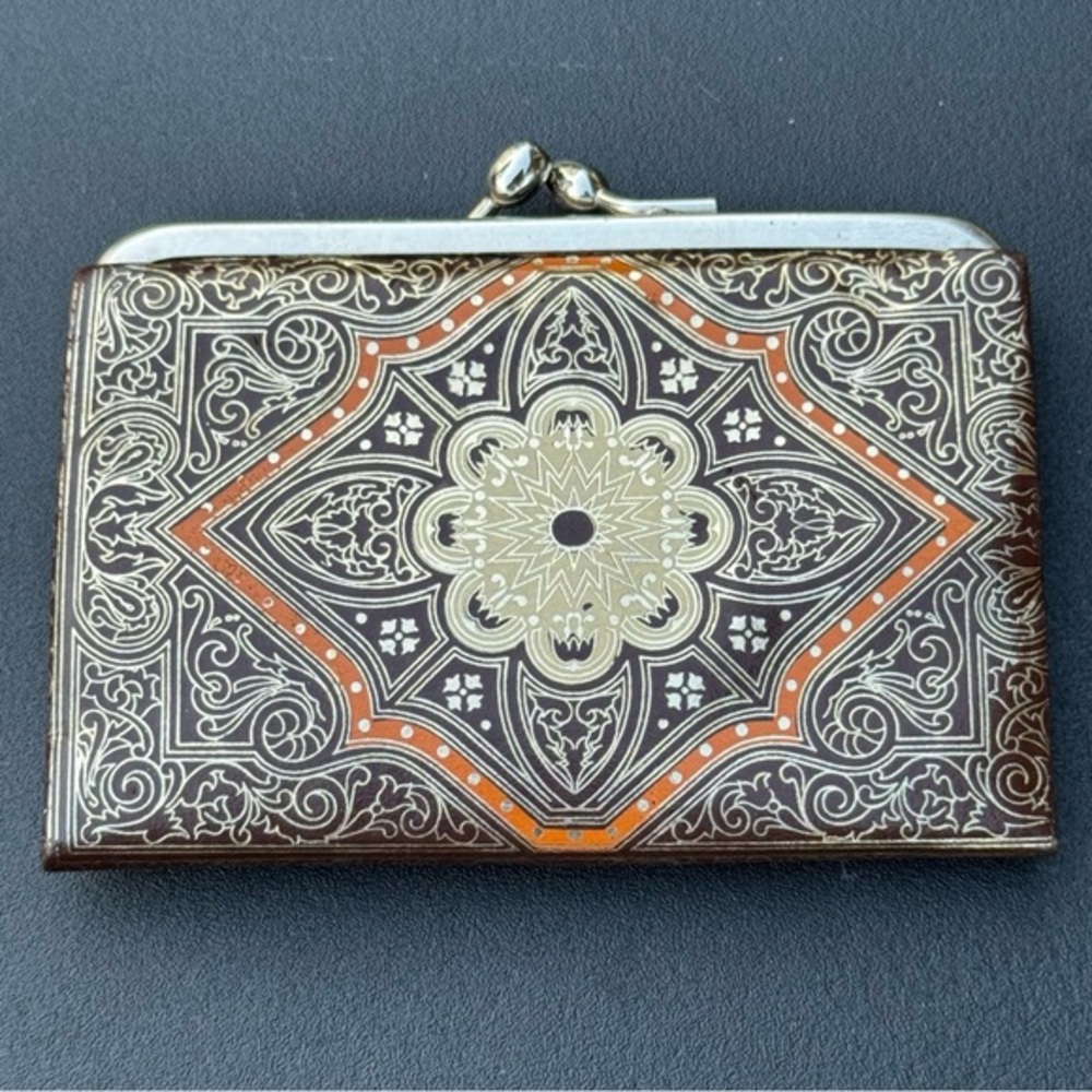 Vintage Italian Kiss Lock Brown and Silver Wallet with Ornate Design